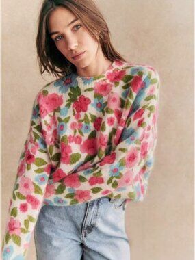 EUC Sezane Janelia Mohair Wool Floral Sweater Pink Turquoise Small